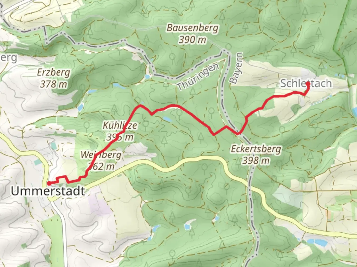 An image depicting the trail Schlettach to Ummerstadt via Erzberg Weg and its surrounding area.