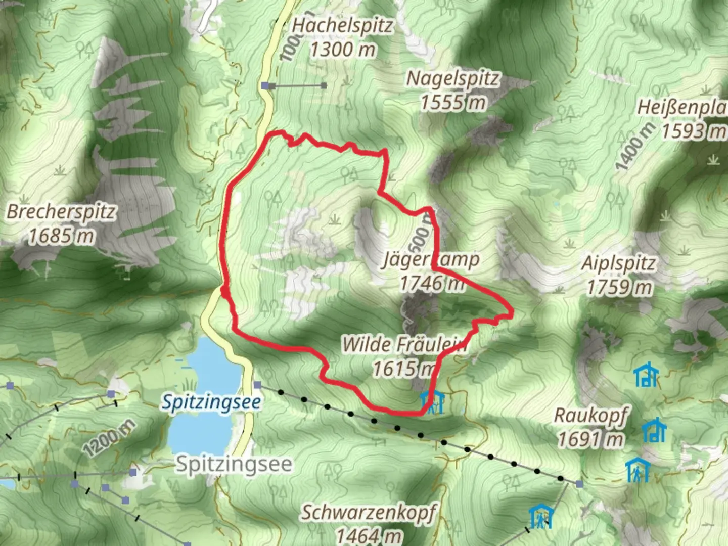 An image depicting the trail Jägerkamp Peak Loop - Spitzingsee and its surrounding area.