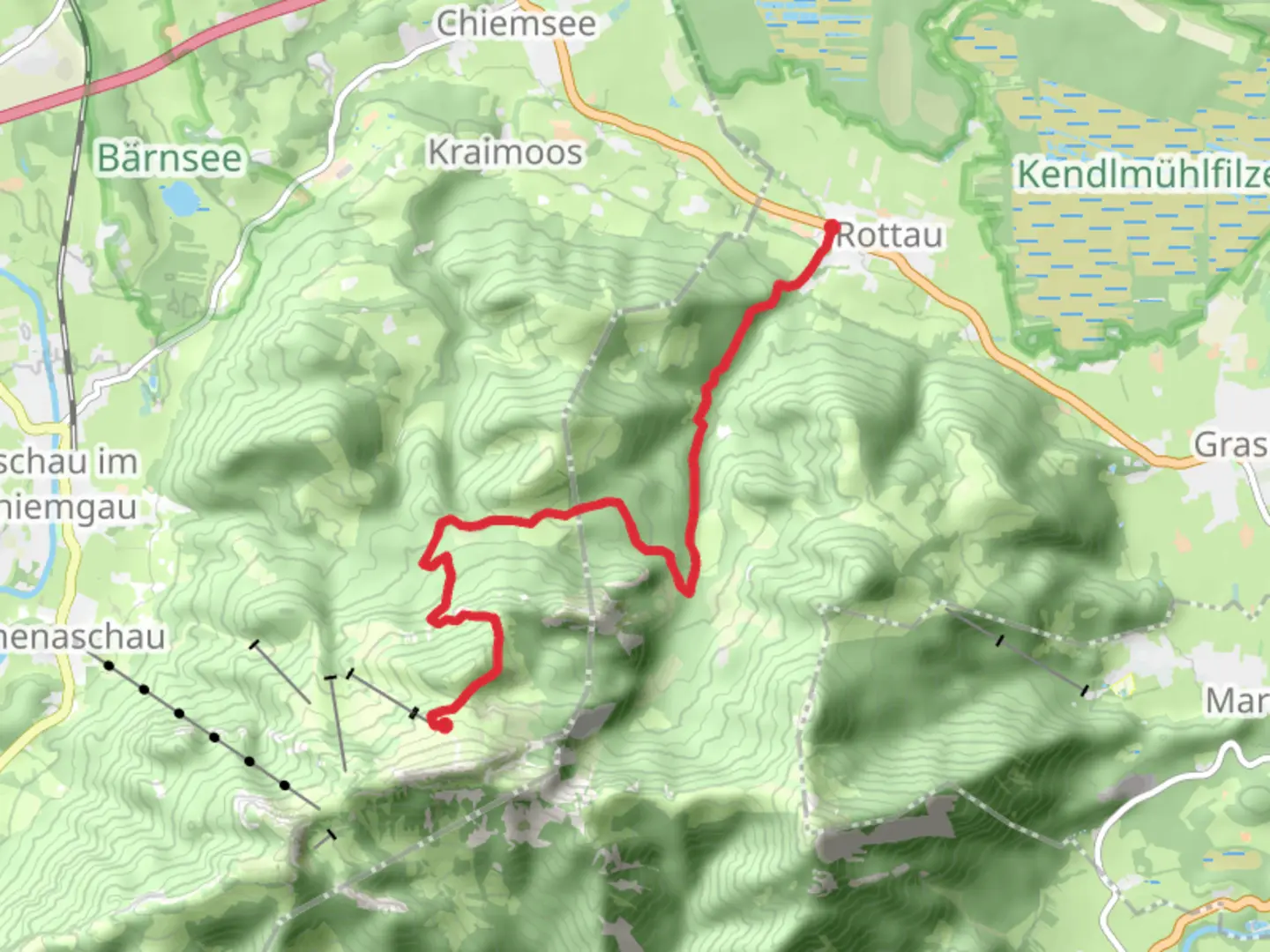 An image depicting the trail Grassau and Rottau to Steinlingalm via Genial Vital 4 and its surrounding area.