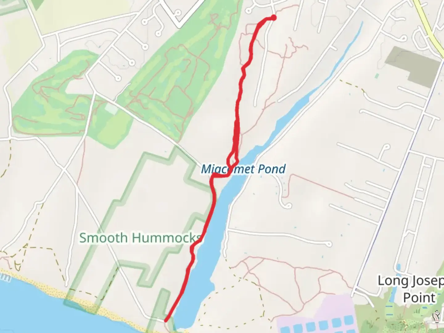 An image depicting the trail Miacomet Pond West Loop Trail and its surrounding area.