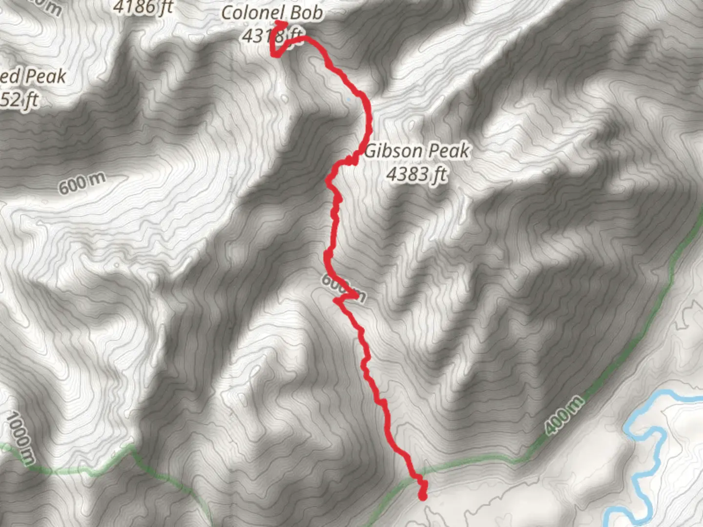 An image depicting the trail Colonel Bob via Petes Creek Trail and its surrounding area.