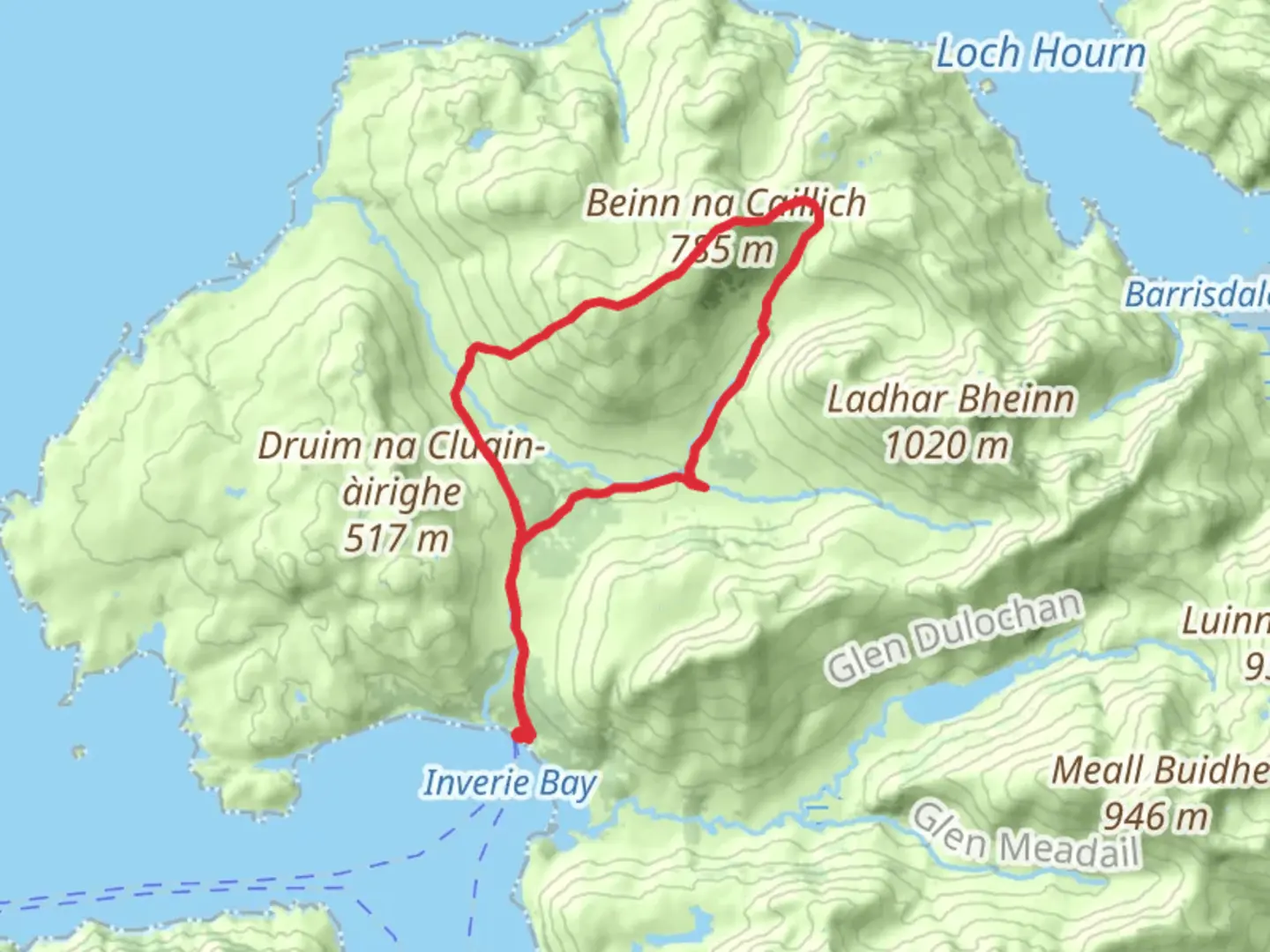 An image depicting the trail Beinn na Caillich, from Inverie and its surrounding area.