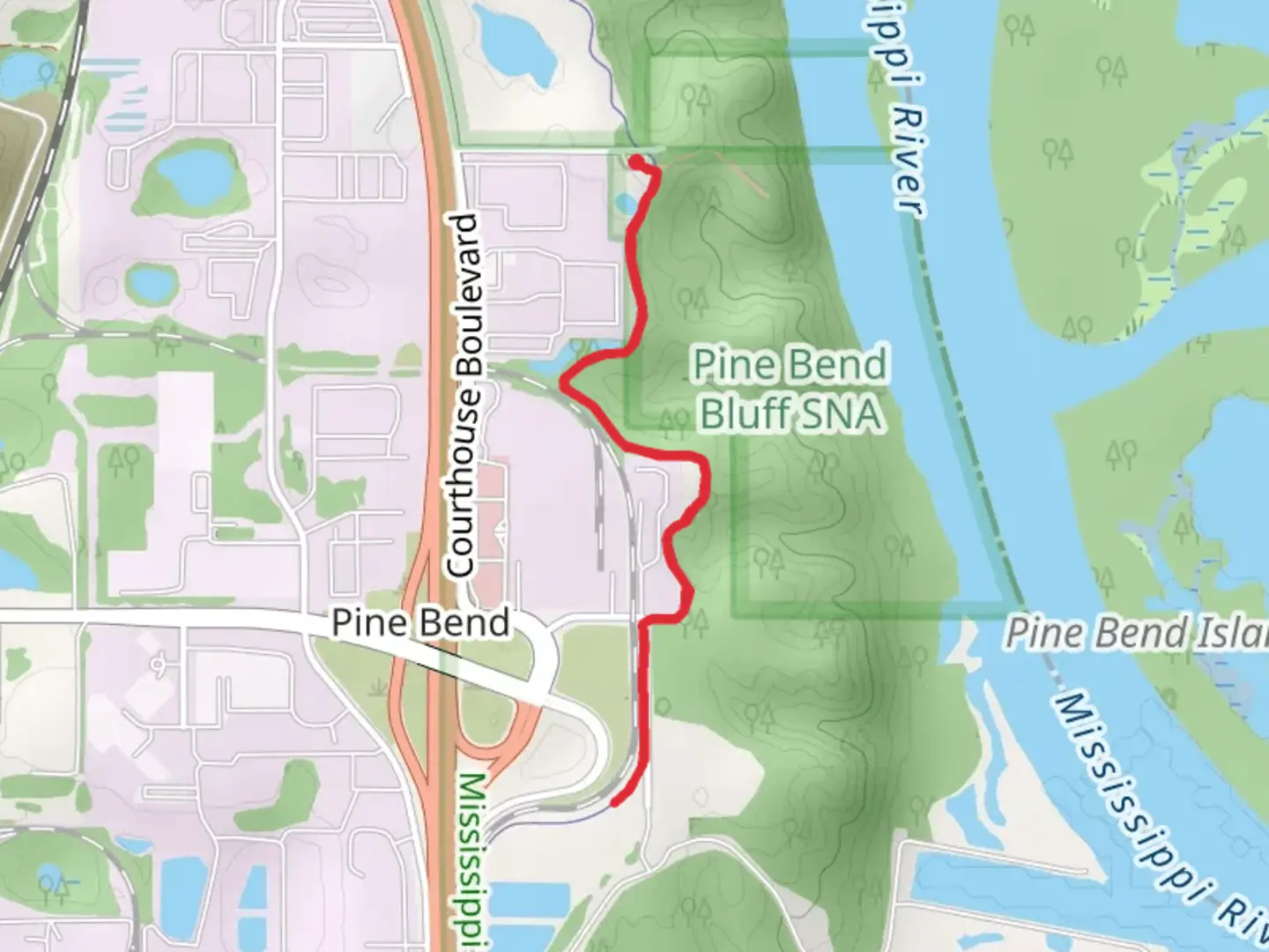 An image depicting the trail Mississippi River Short Trail from Clark Road and its surrounding area.