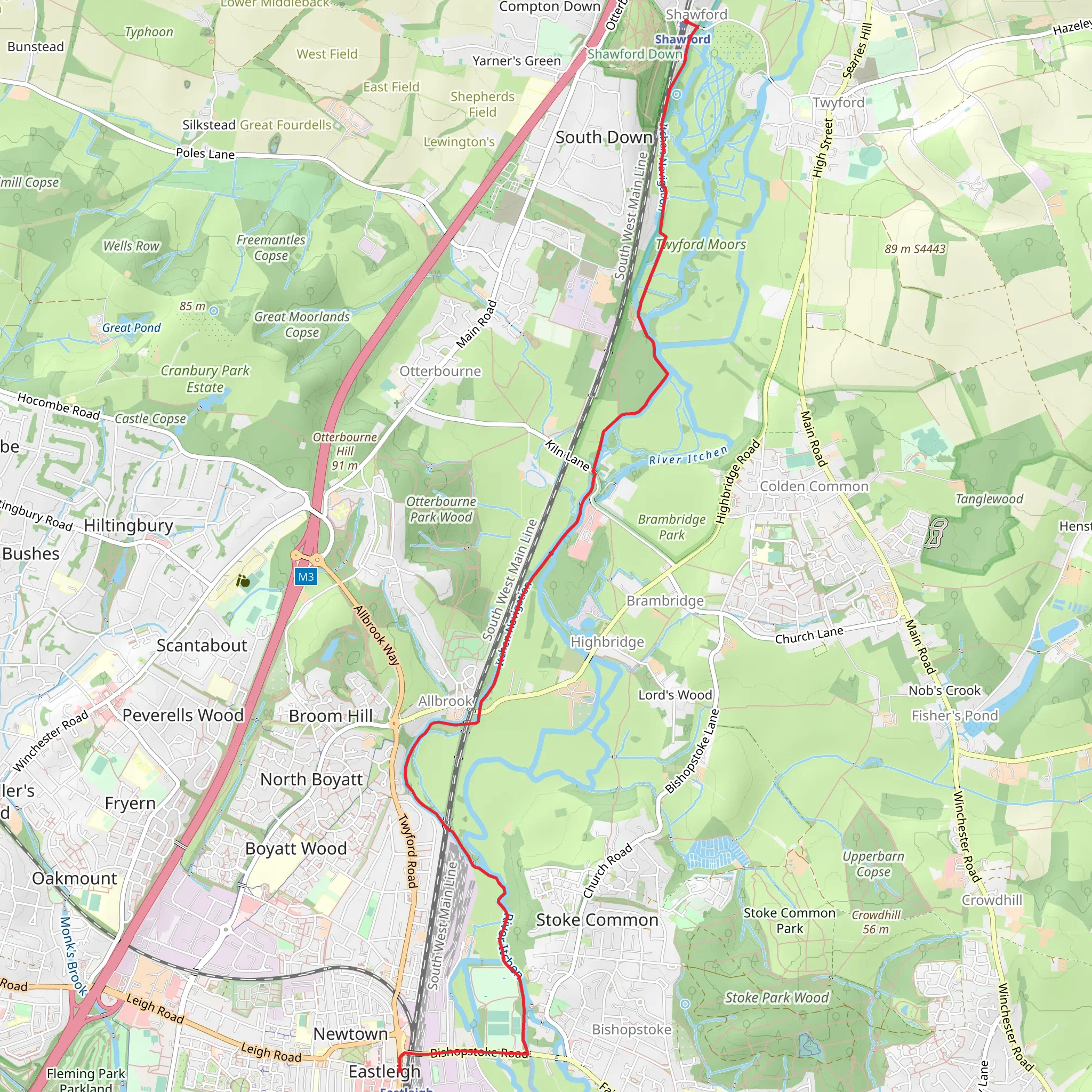 Eastleigh to Shawford Walk mobile static map