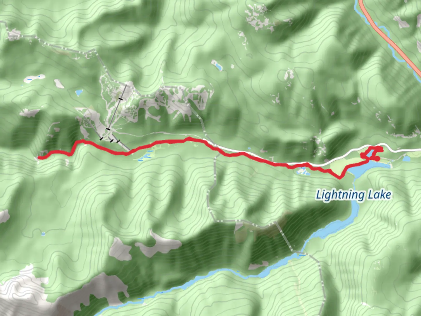 An image depicting the trail Lightning Lake Trail, South Gibson Trail and Three Falls Trail and its surrounding area.