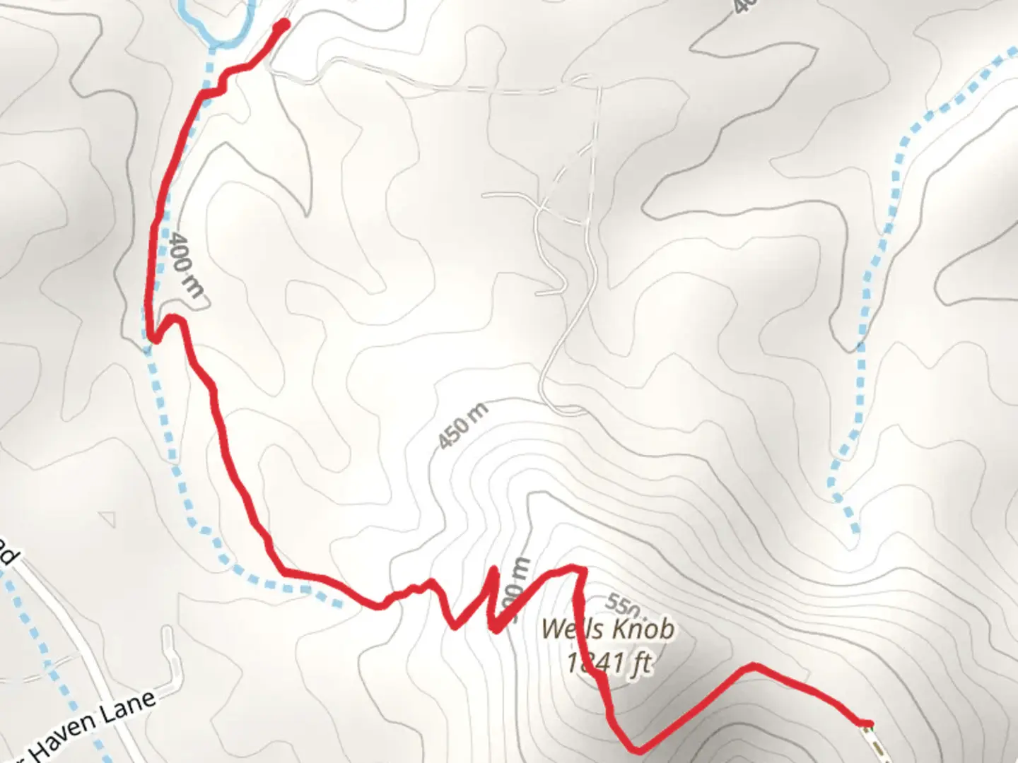 An image depicting the trail Wells Knob via Mountains-to-Sea Trail and its surrounding area.