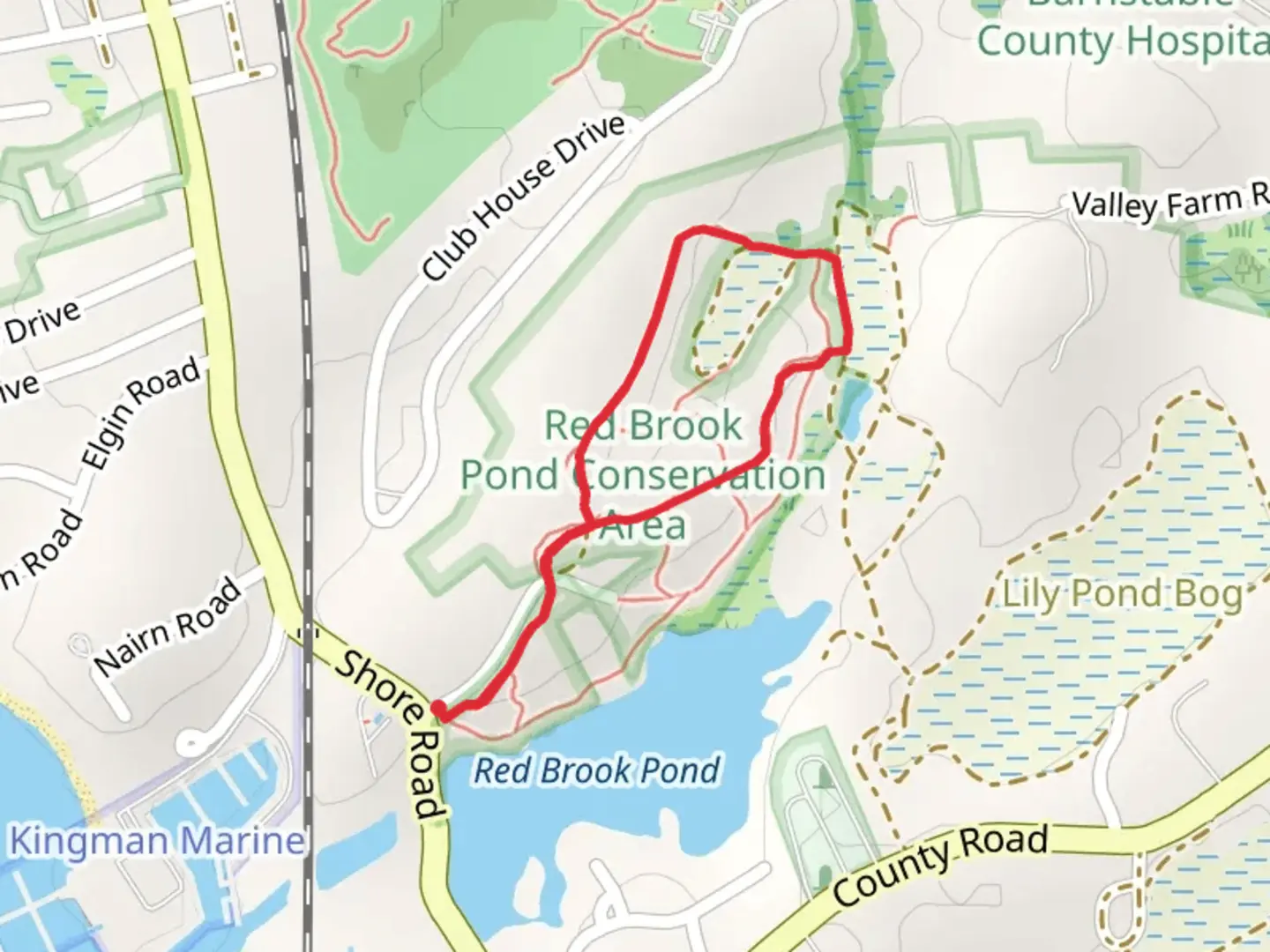 An image depicting the trail Red Brook Pond Conservation Area Loop and its surrounding area.