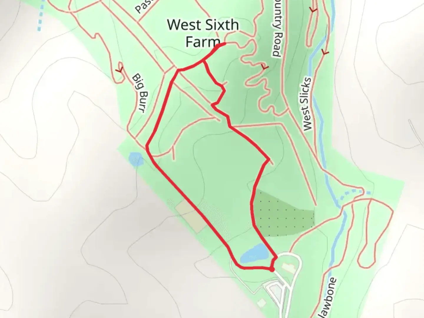 An image depicting the trail West Sixth Farm Loop - South and its surrounding area.