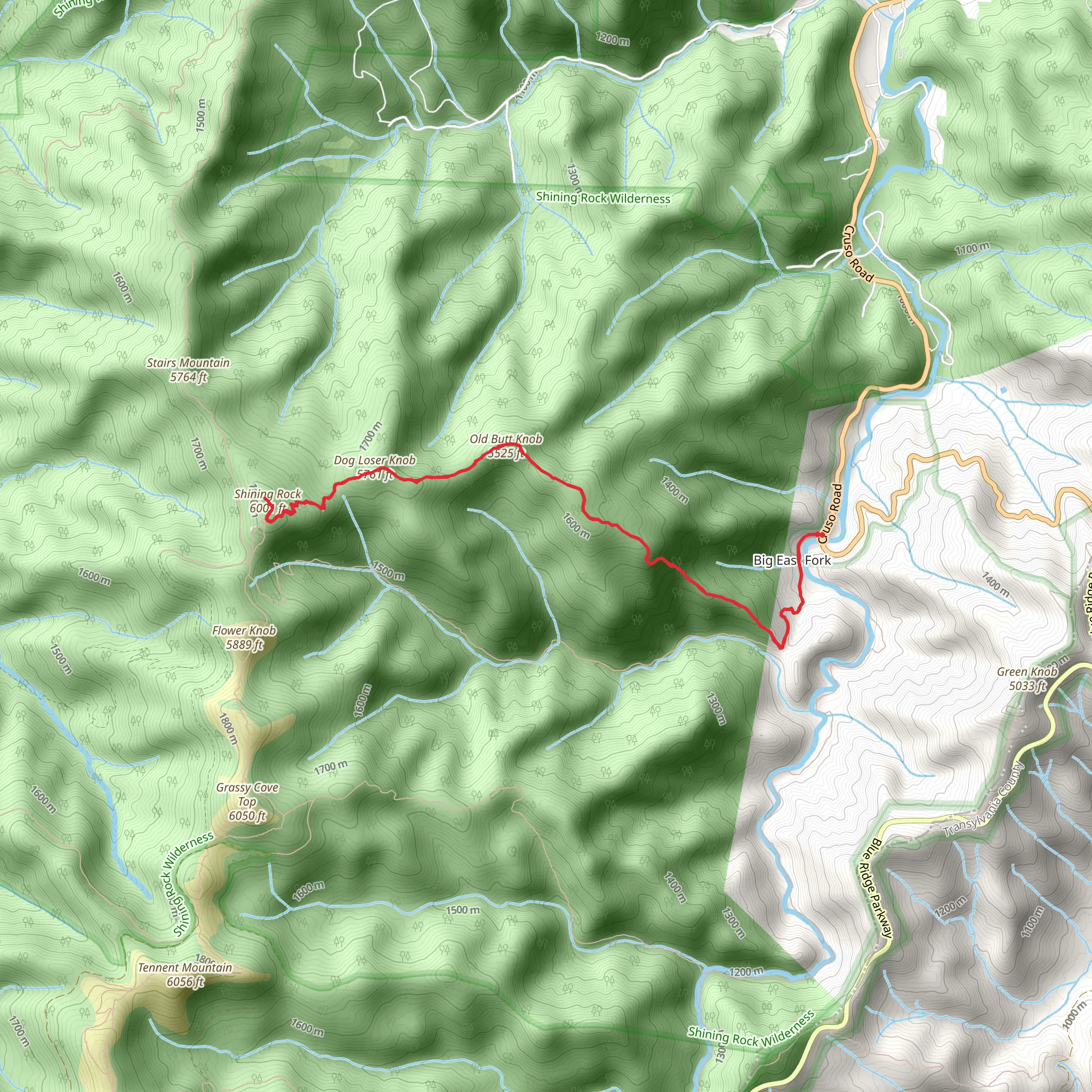 Dog Loser Knob and Shining Rock via Old Butt Knob Trail mobile static map