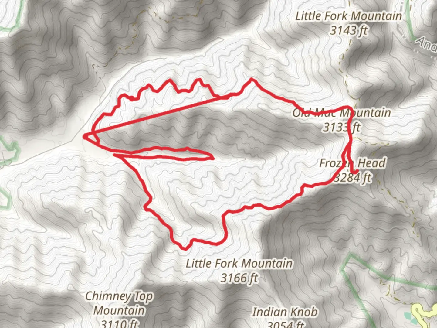 An image depicting the trail Frozen Head via North Old Mac Trail and Spicewood Trail and its surrounding area.
