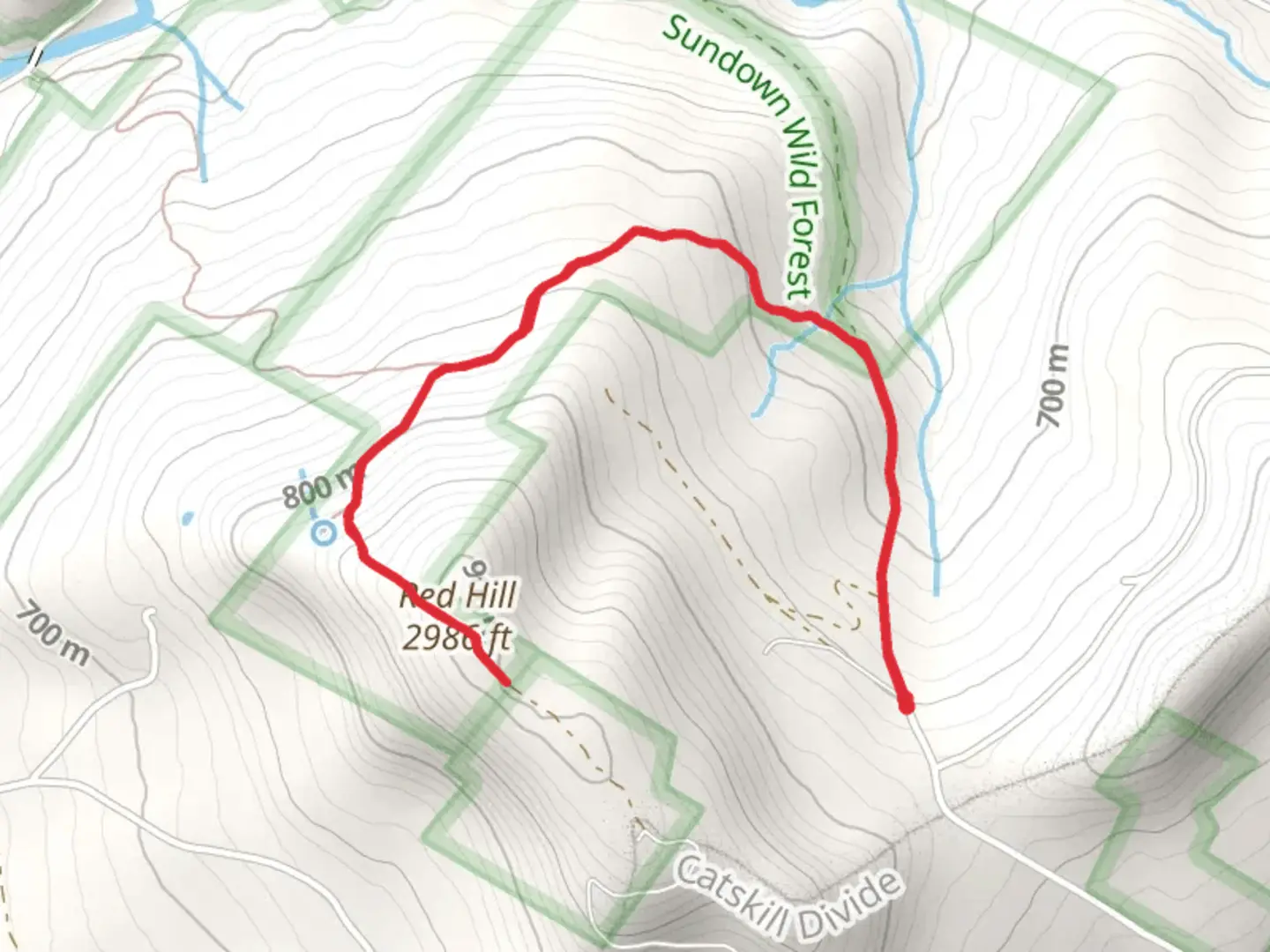 An image depicting the trail Red Hill via Dinch Connector Trail and its surrounding area.