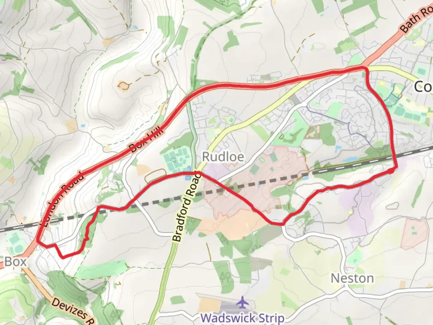 An image depicting the trail Rudloe Loop and its surrounding area.