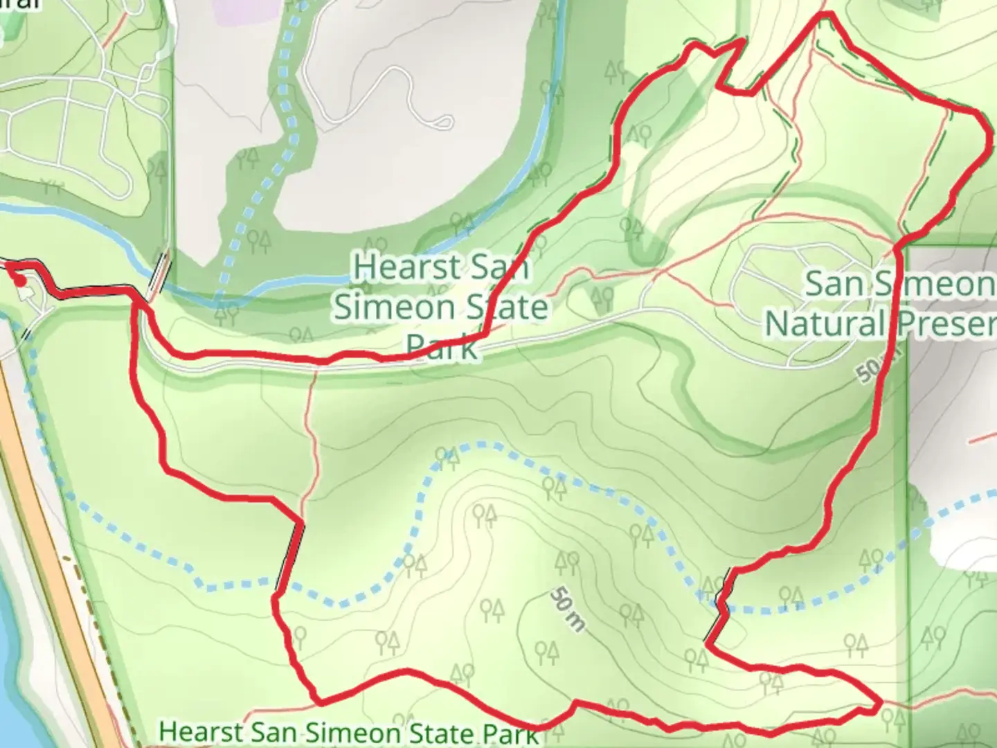 An image depicting the trail Hearst San Simeon State Park Loop and its surrounding area.