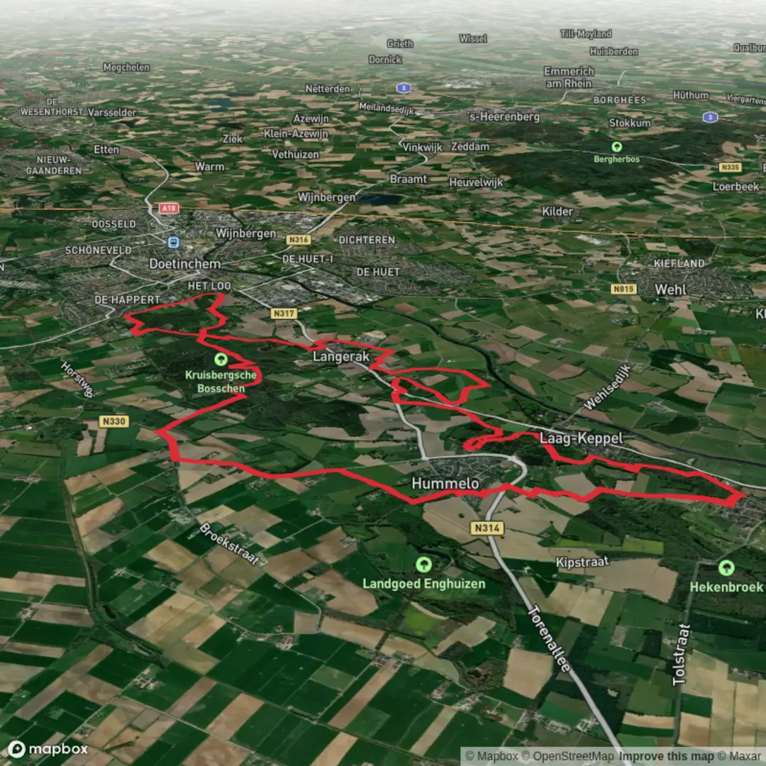 An image depicting the trail Kruisbergsche Bosschen via Rozegaarder Weg, Zelhense Weg and its surrounding area.