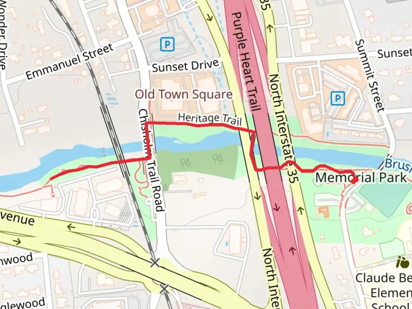 An image depicting the trail Memorial Park to Creekside Park and its surrounding area.