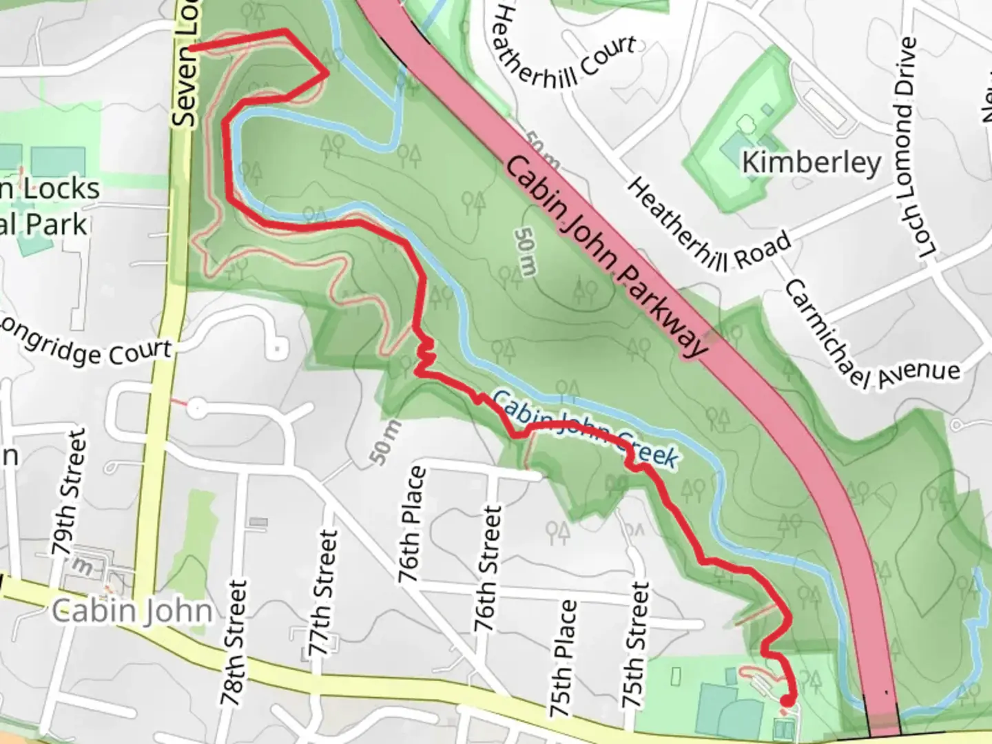 An image depicting the trail Cabin John Creek and its surrounding area.