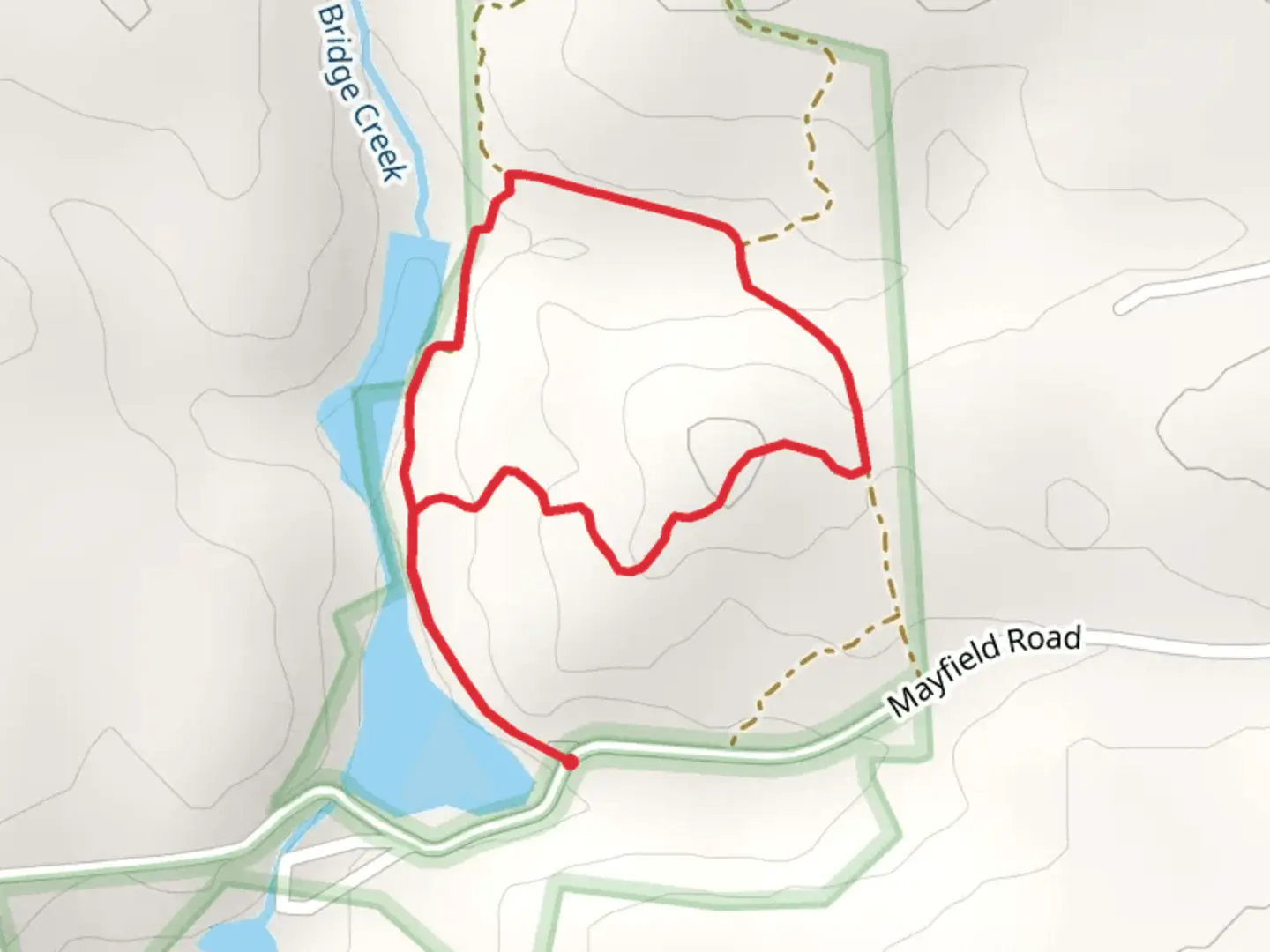 An image depicting the trail Loop beside Bridge Creek from Mayfield Road and its surrounding area.