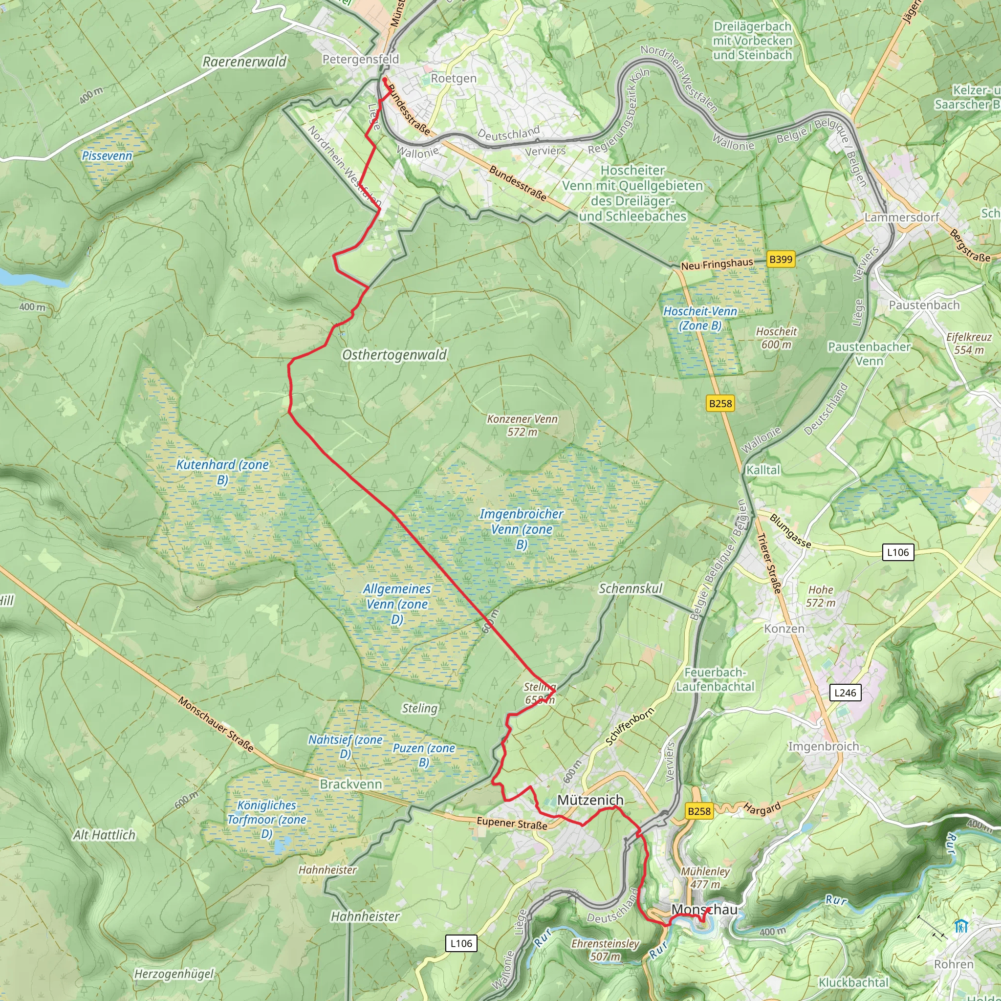 Petergensfeld to Monschau Walk via Osthertogenwald mobile static map