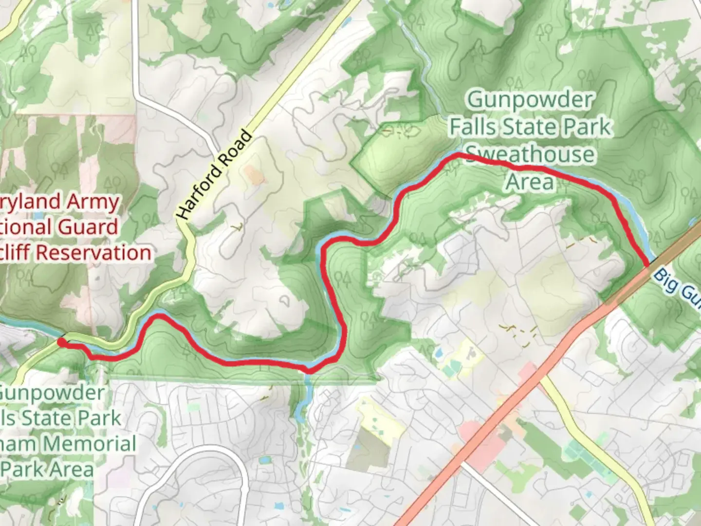 An image depicting the trail Big Gunpowder Falls Trail and its surrounding area.