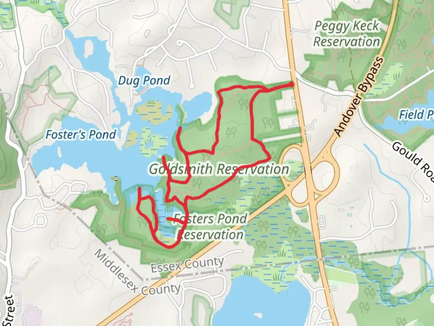 An image depicting the trail Goldsmith Reservation and Fosters Pong Loop and its surrounding area.