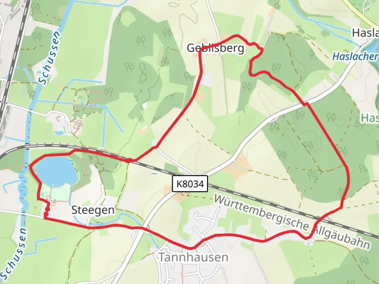 An image depicting the trail Steeger See Loop from Tannhausen and its surrounding area.