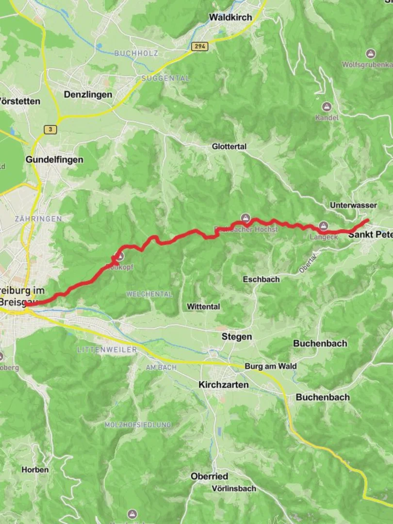 An image depicting the trail Sankt Peter to Freiburg im Breisgau Walk via Hohstegkopf and its surrounding area.