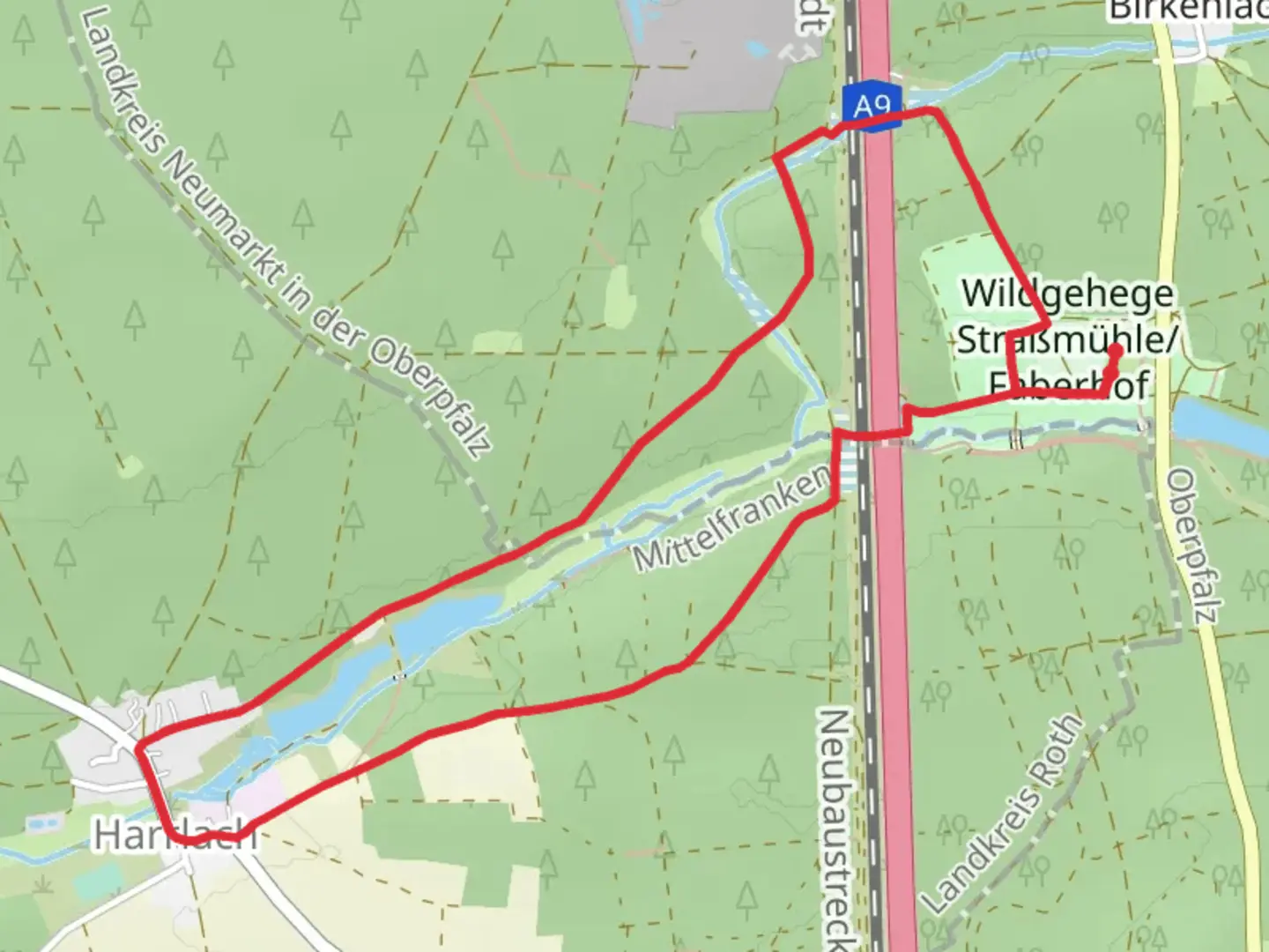 An image depicting the trail Finsterbach and Lachgraben Loop via Harrlach Asbach and Wildmeistersteig and its surrounding area.