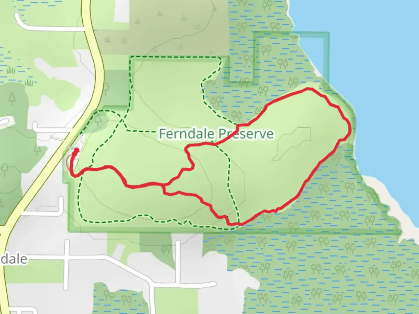 An image depicting the trail Ferndale Preserve Short Loop and its surrounding area.