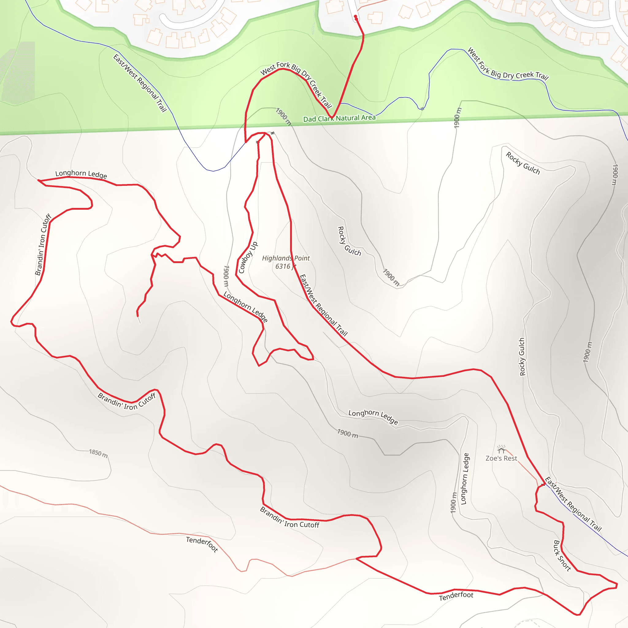 West Fork Big Dry Creek, Longhorn Ledge and Brandin' Iron Cutoff Loop Trail mobile static map