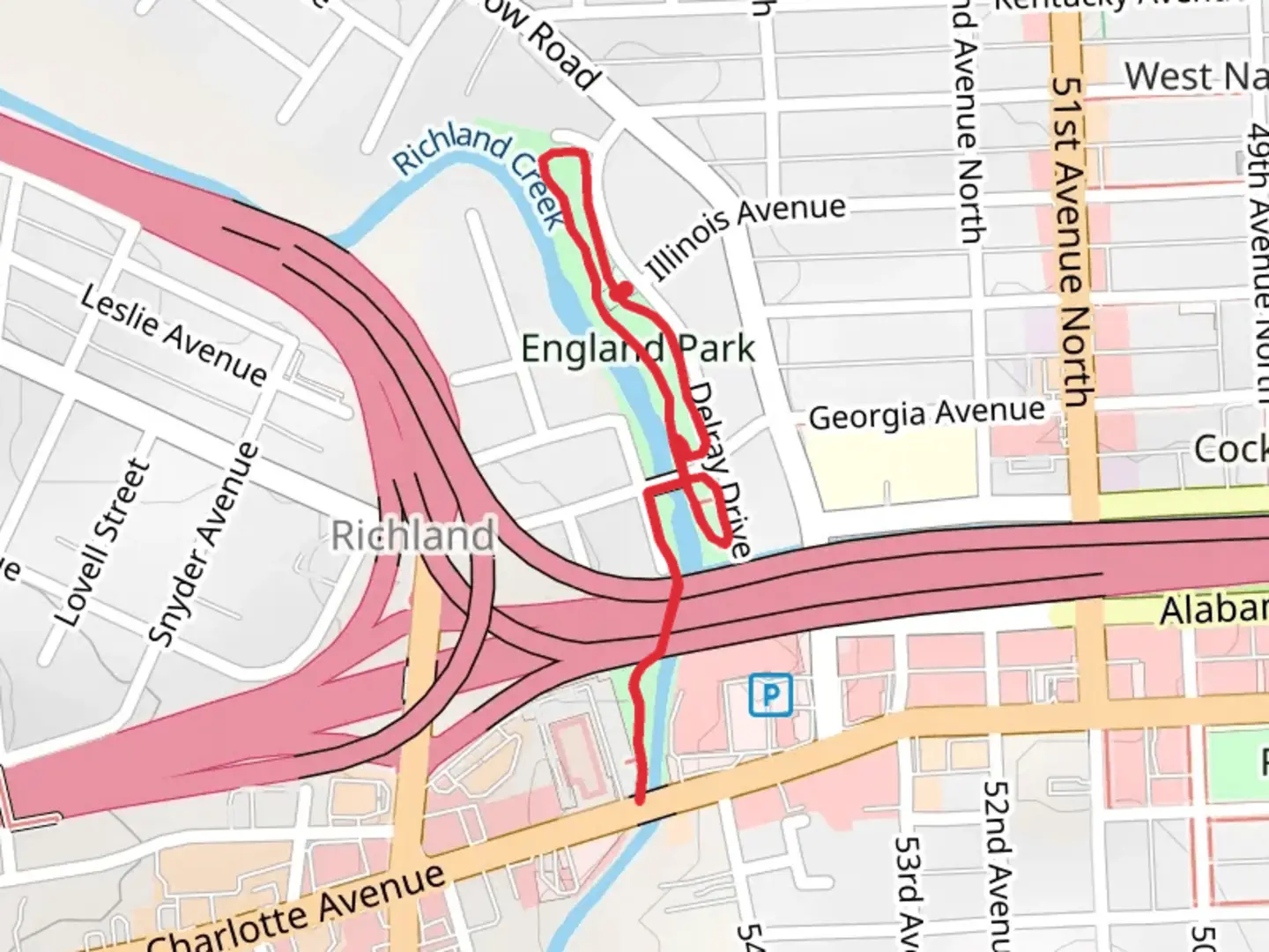 An image depicting the trail Richland Creek and England Park Loop and its surrounding area.