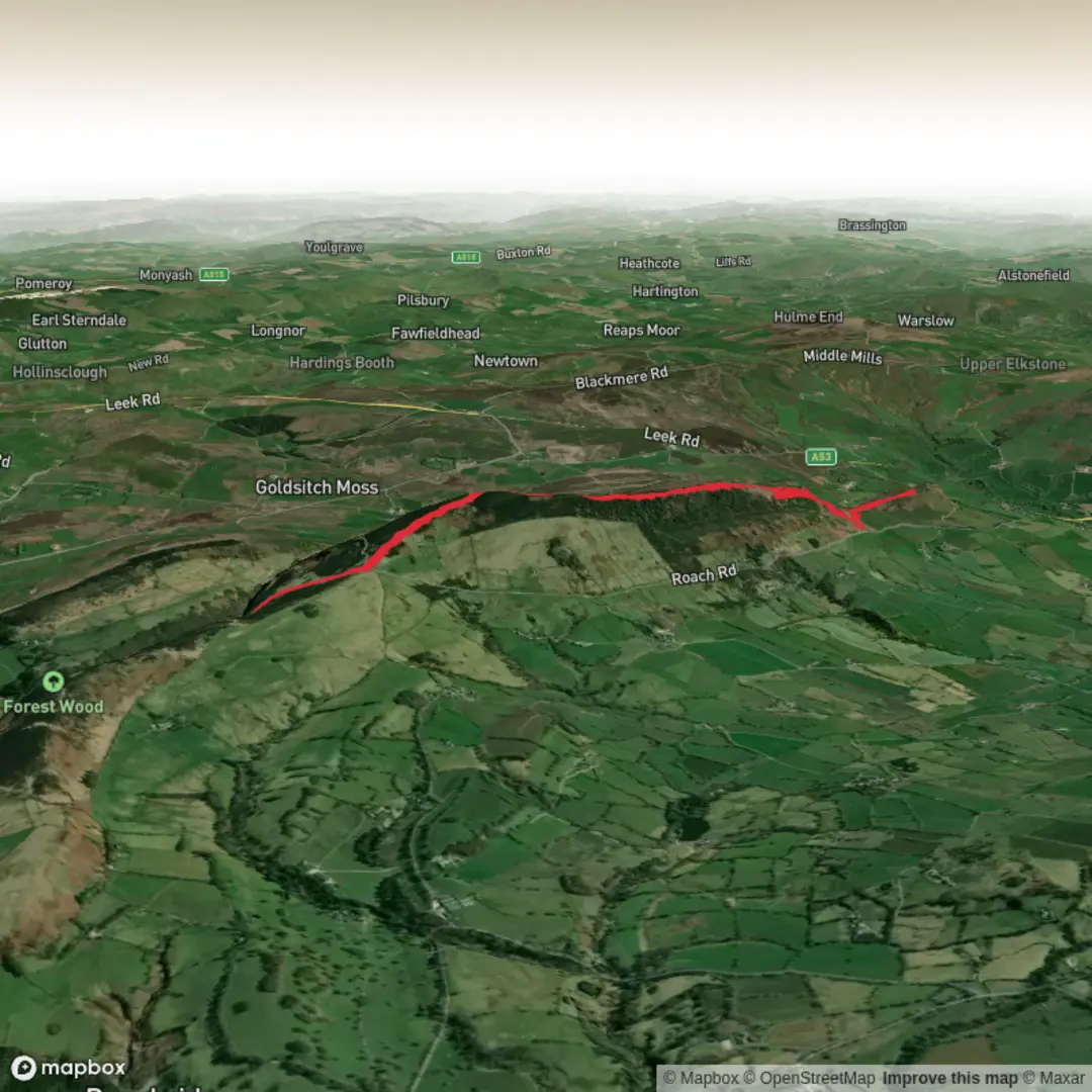 An image depicting the trail The Roaches, Luds Church and Hen Cloud and its surrounding area.