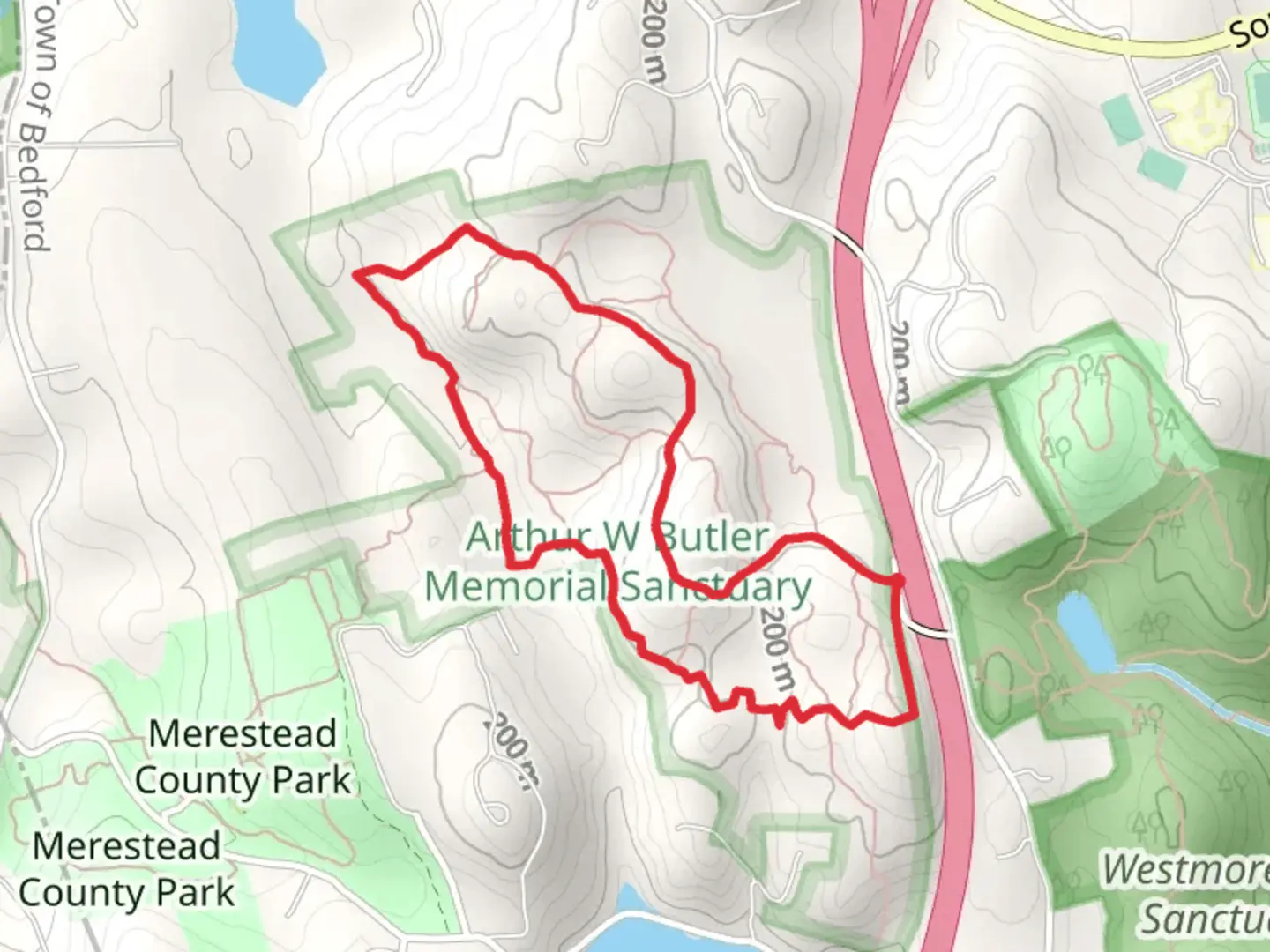 An image depicting the trail Red Trail Yellow Trail Loop - Butler Sancturary and its surrounding area.