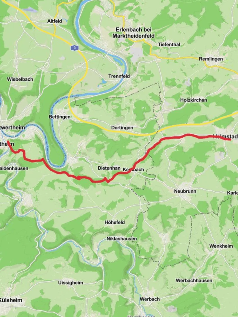 An image depicting the trail Helmstadt to Wertheim Walk and its surrounding area.