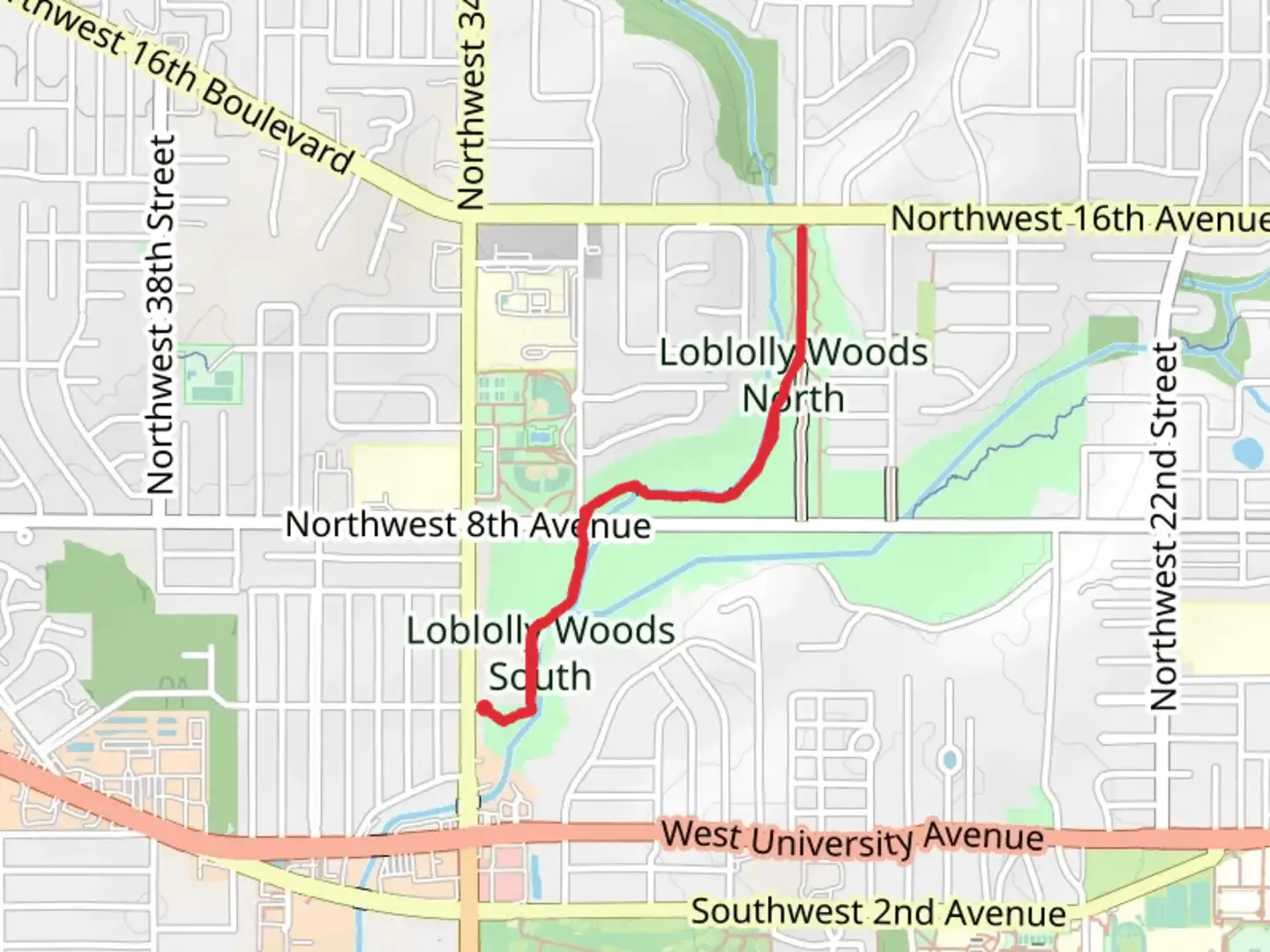 An image depicting the trail Loblolly Woods South and Hogtown Creek Greenway and its surrounding area.