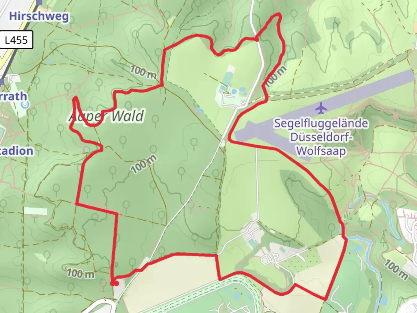 An image depicting the trail Aaper Wld via Aaper Hoehenweg and Am Wackerzapf and its surrounding area.