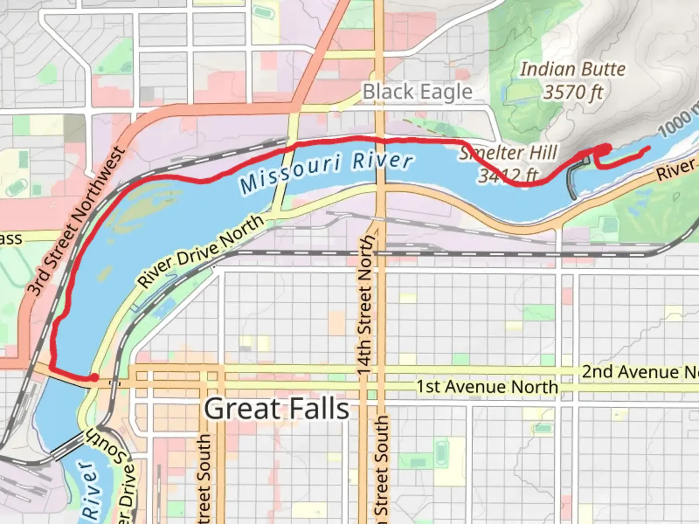 An image depicting the trail Rivers Edge Trail from 1st Avenue North and its surrounding area.