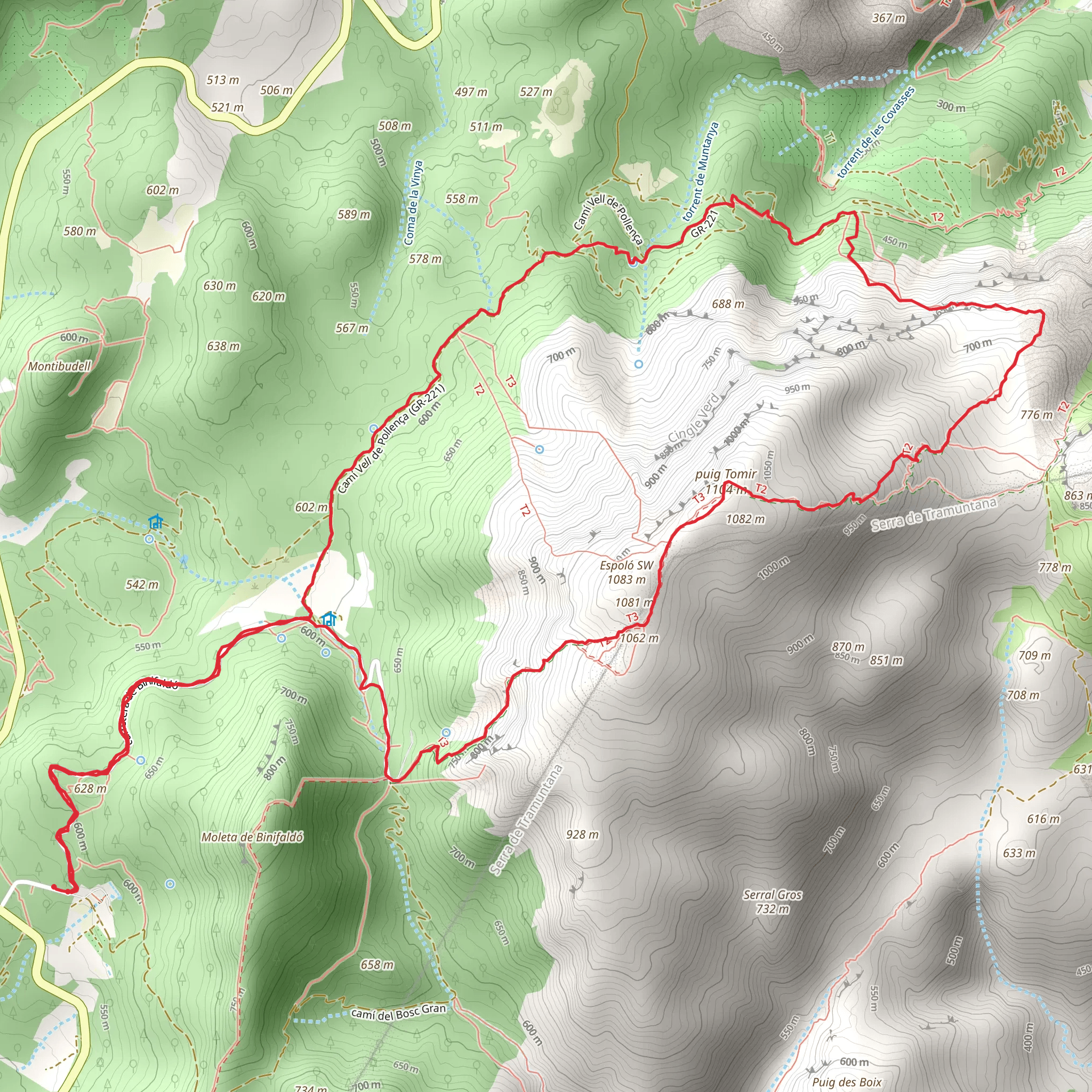 Circular walk from Binifaldo including the peak of Puig Tomir mobile static map