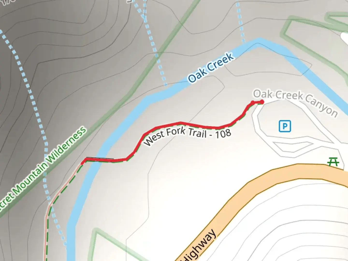 An image depicting the trail West Fork Trail to Oak Creek and its surrounding area.