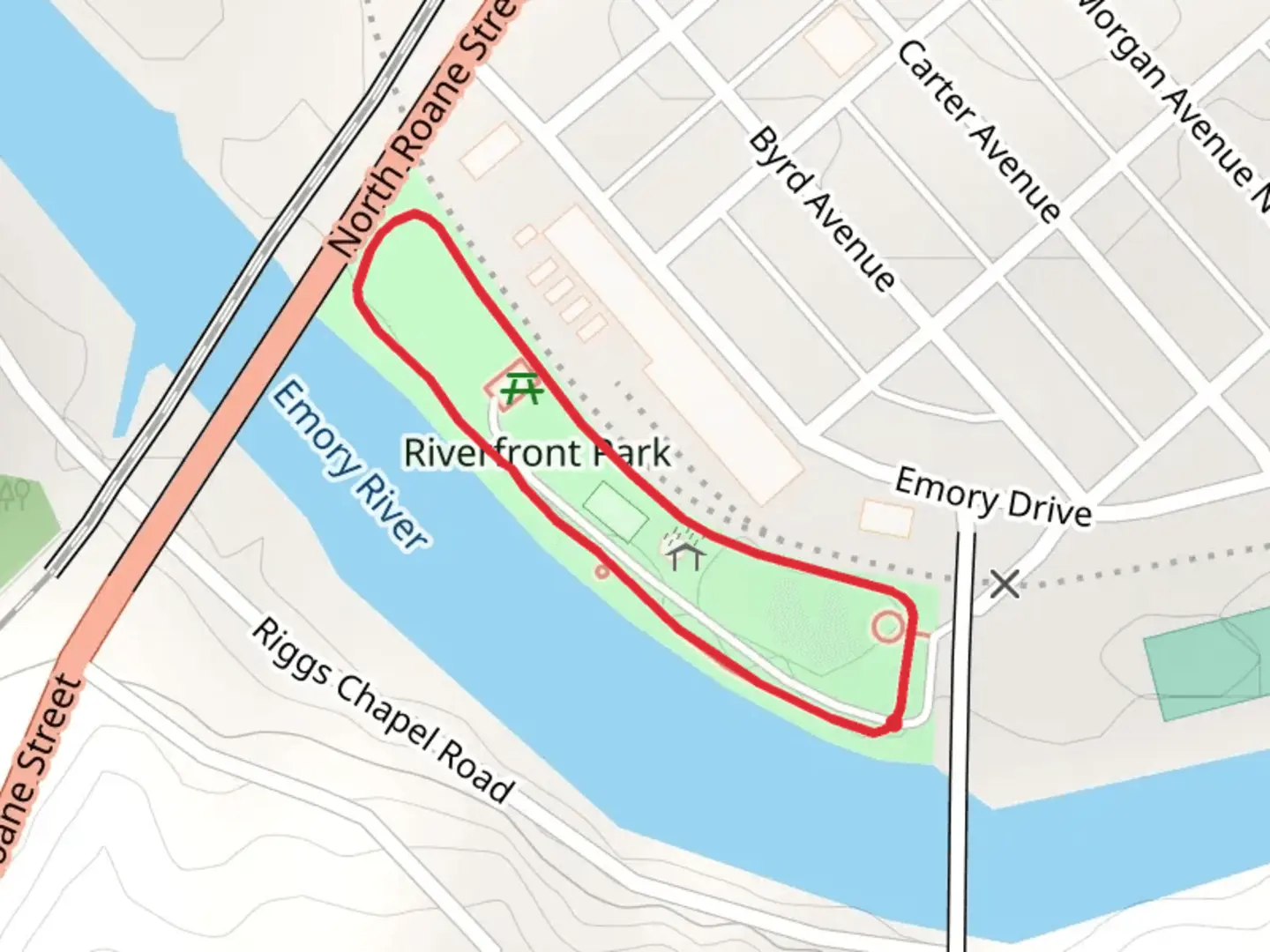 An image depicting the trail Riverfront Park Loop and its surrounding area.