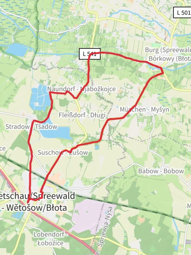 An image depicting the trail Vetschau Loop via Wiesenteich and its surrounding area.