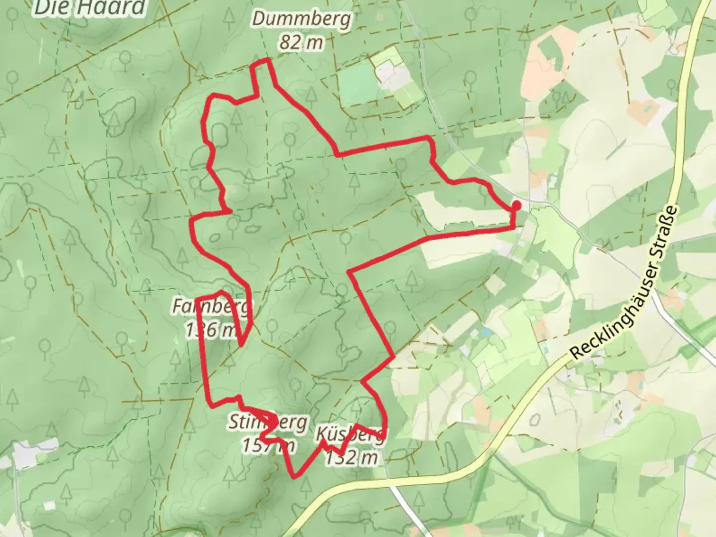 An image depicting the trail Strimberg via Haard - Stimberg route and Katenkreuz Rundweg and its surrounding area.