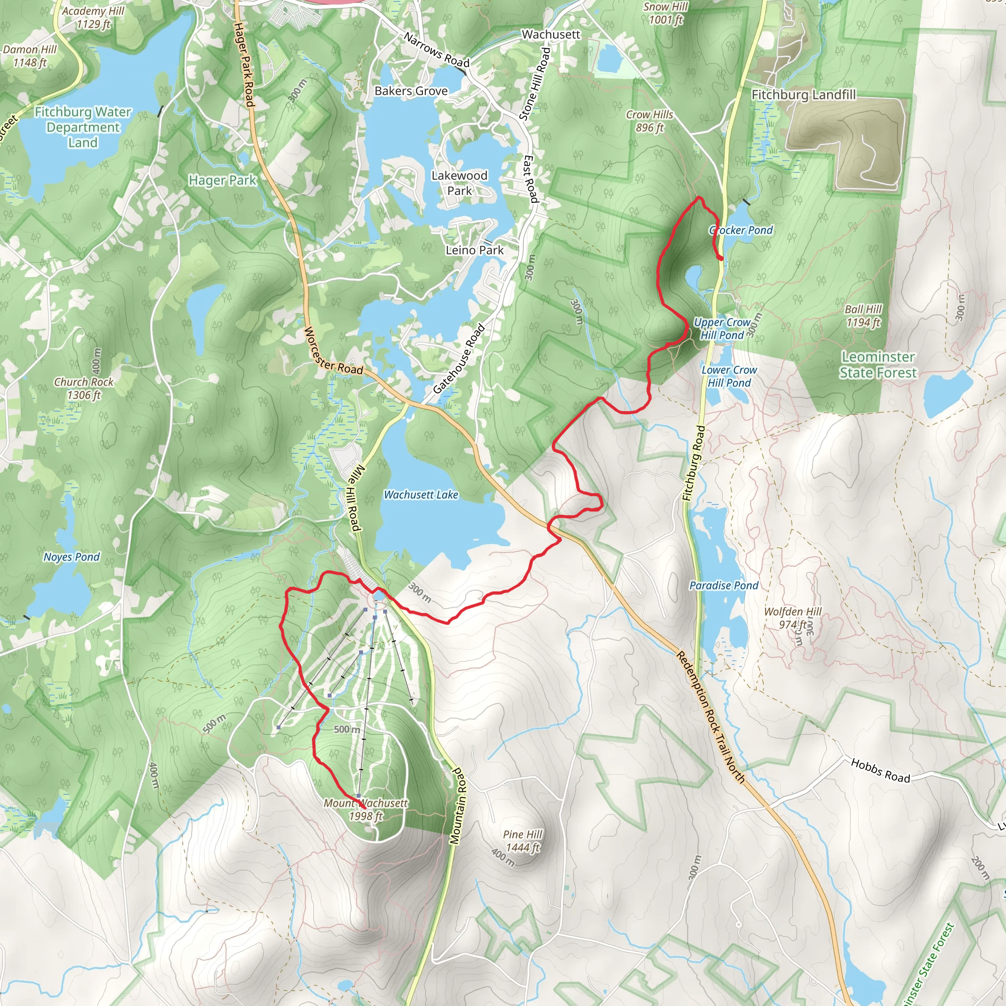 Mount Wachusett Trail via Crocker Pond mobile static map