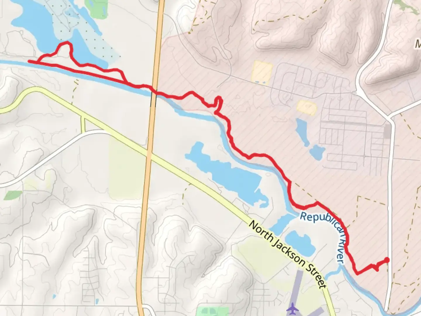 An image depicting the trail Republican River Walk Loop and its surrounding area.