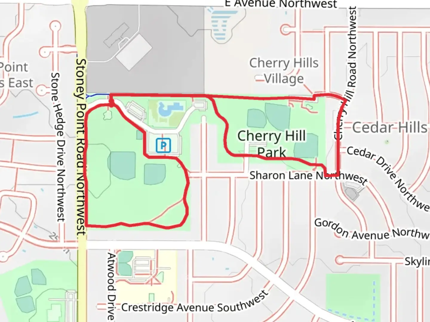 An image depicting the trail Cherry Hill Park and Ivy Lane Ballpark via Cherokee Trail and its surrounding area.