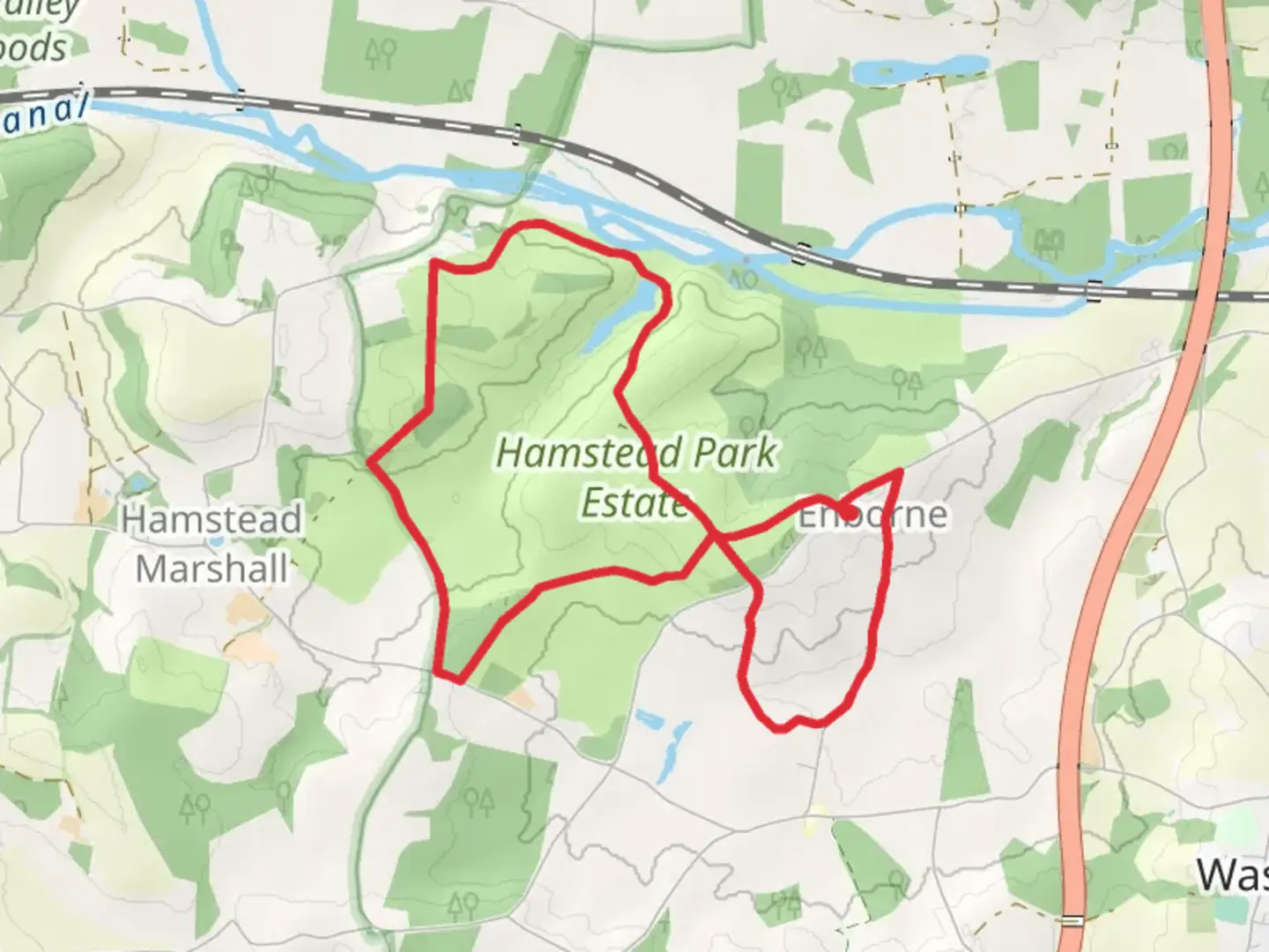 An image depicting the trail Hampstead Marshall Country Park and Enborne Country Park Loop and its surrounding area.