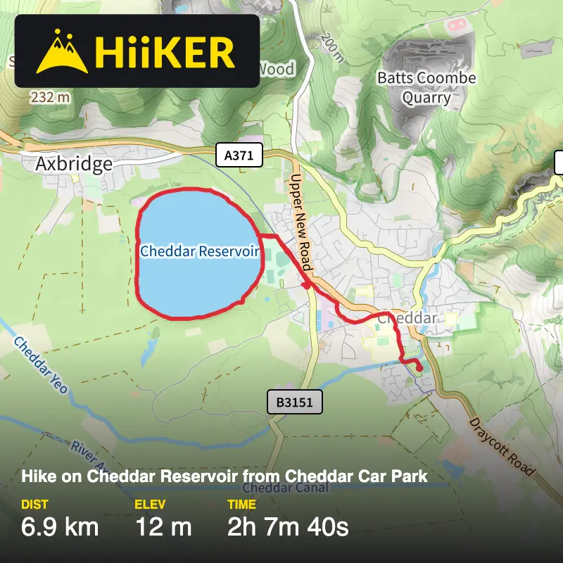A map preview of the recording Hike on Cheddar Reservoir from Cheddar Car Park.