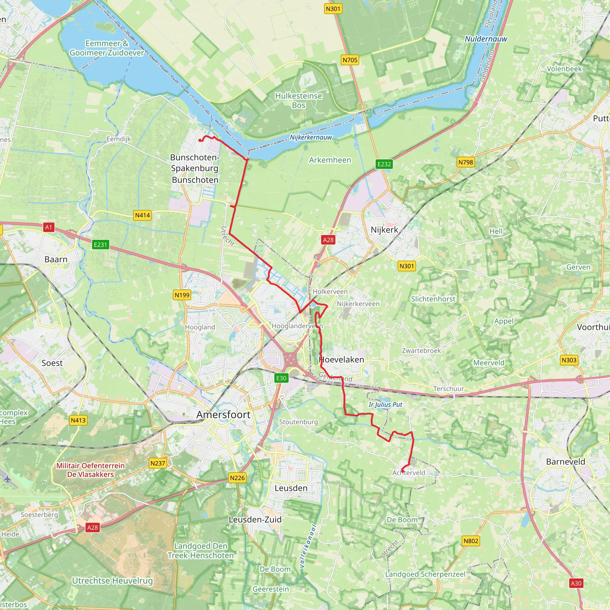 Bunschoten - Spakenburg to Achterveld via Overbosch and Koninginneweg mobile static map