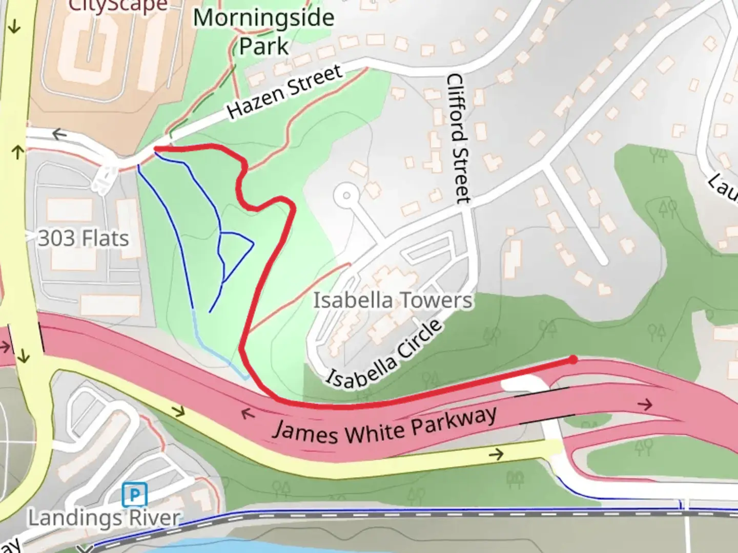 An image depicting the trail Morningside Greenway and its surrounding area.