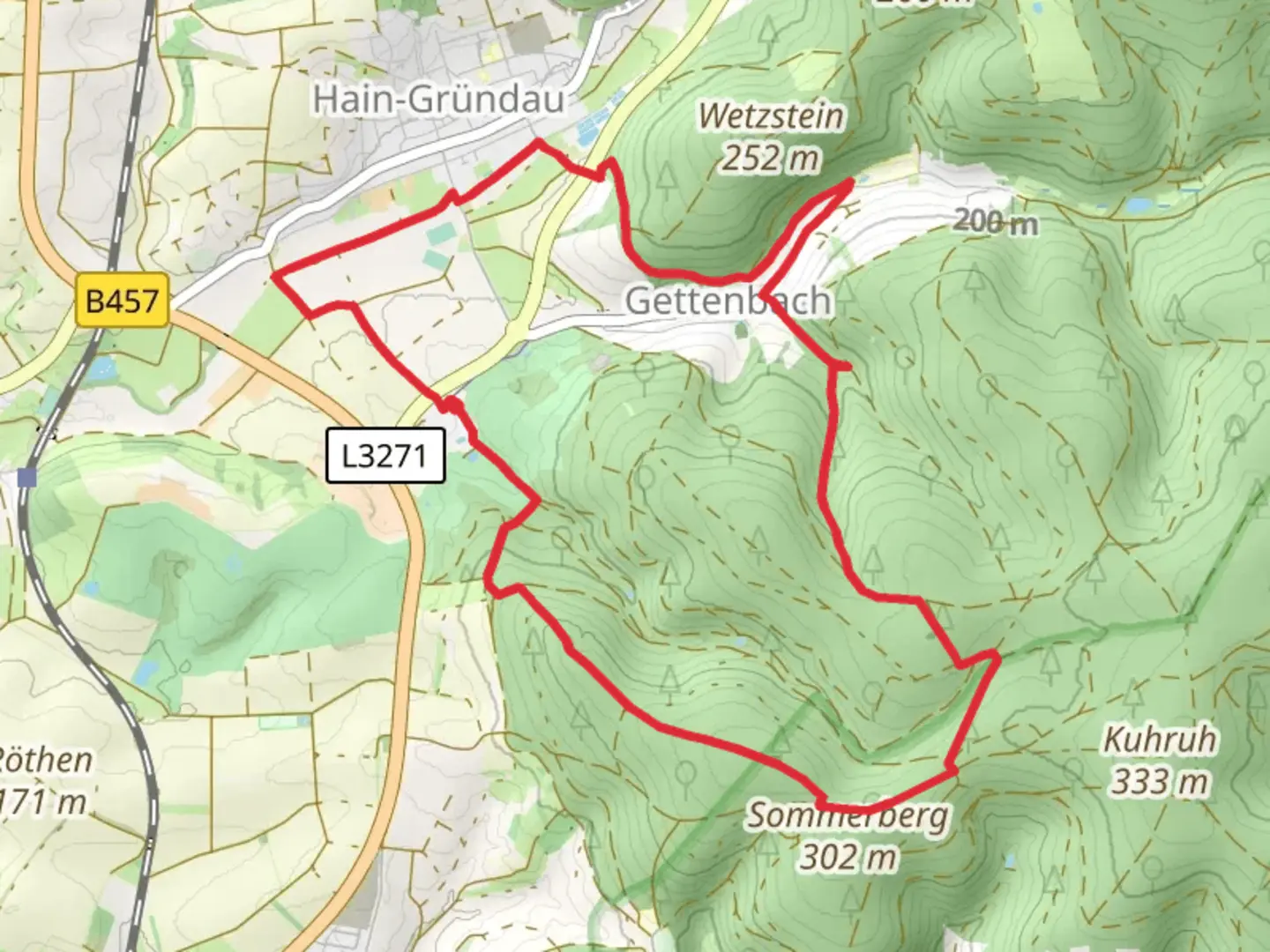 An image depicting the trail Gelnhaeuser Rundweg and Waechtersbach - Gruendau and its surrounding area.