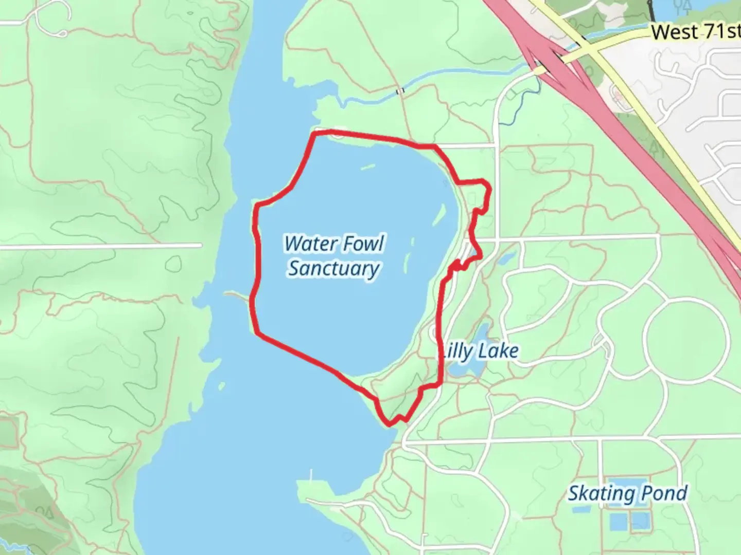 An image depicting the trail Water Fowl Sanctuary Loop - Red and Blue Trail and its surrounding area.